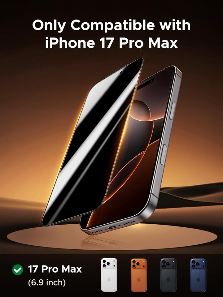 A UGREEN 2 Pack Privacy Screen Protector by MobileTechnica hovers over an iPhone 17 Pro Max, highlighting its 6.9-inch compatibility. A carousel shows five models with a green check and text: “Only Compatible with iPhone 17 Pro Max.”.