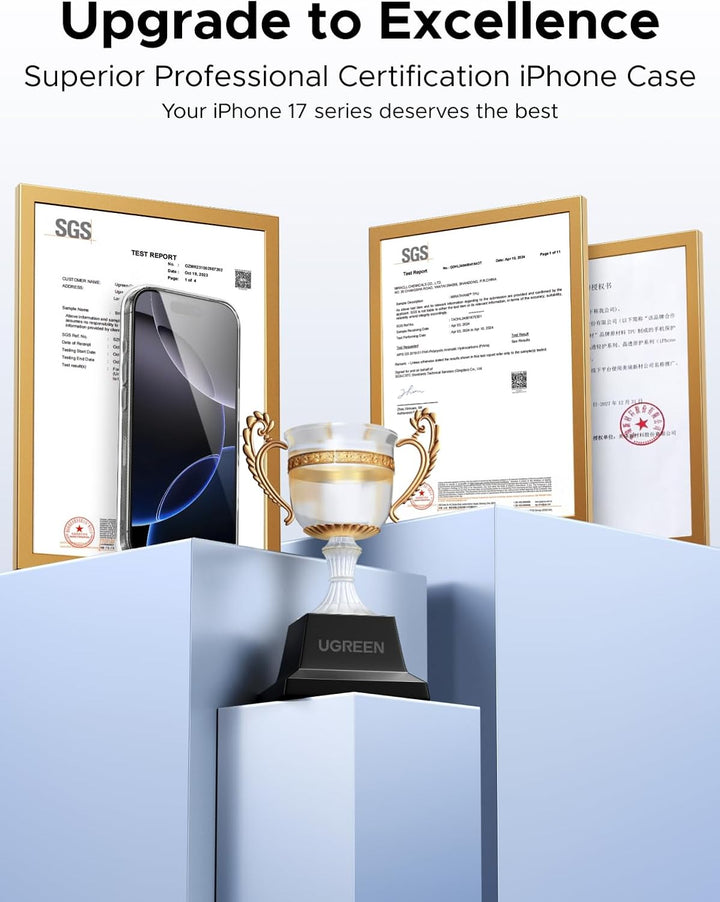 A gold trophy sits on a black base on blue pedestals with two certificates and a UGREEN 360° Rotatable Magnetic Ring Case for iPhone 17 Pro Max in the background. Text reads: "Upgrade to Excellence – UGREEN Professional Certification Phone Case.