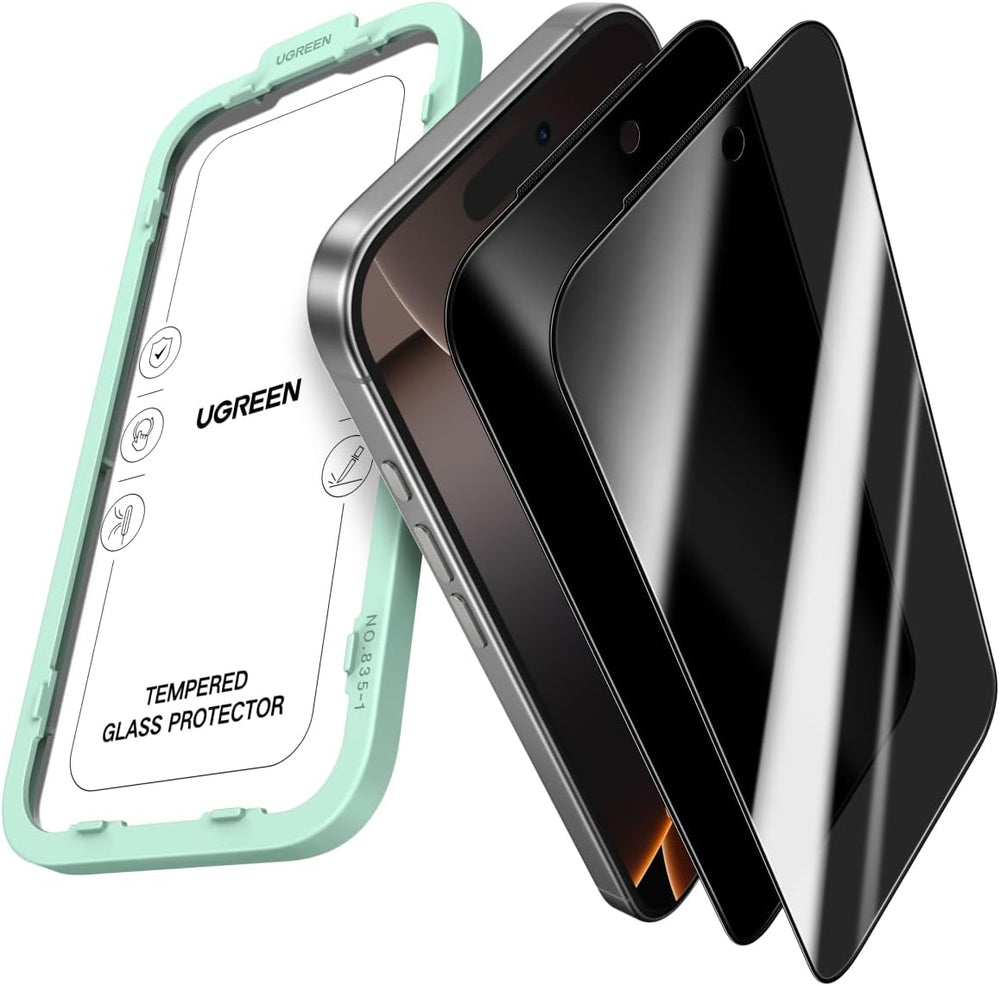 A mint green iPhone 17 Pro Max with a UGREEN case and two UGREEN Privacy Screen Protectors (6.9", anti-scratch, anti-fingerprint, full coverage) are stacked side by side, displaying a complete phone protection set.