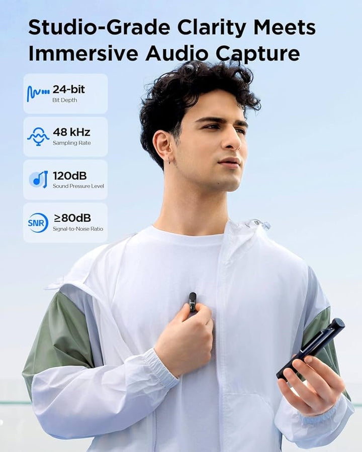 A young man in a white and gray windbreaker holds the BOYA Wireless Lavalier Microphone-05. Above him, icons highlight its 24-bit depth, 48 kHz sampling rate, 120 dB SPL, and >80 dB SNR.