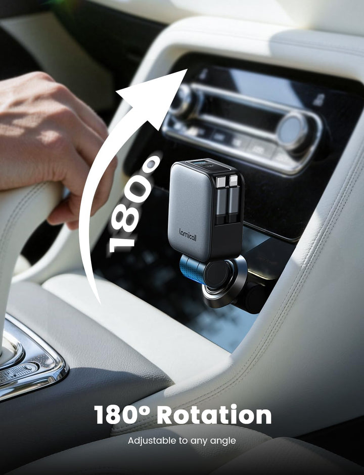 Lamicall 4 in1 Retractable Car Charger, 75W [Upgrade-Compact] Car Phone Charger Cigarette Lighter Adapter Fast Charging with 80cm Type-C/Lightning Cable for iPhone 17 Pro Max Air/16/15, Galaxy, Pixel