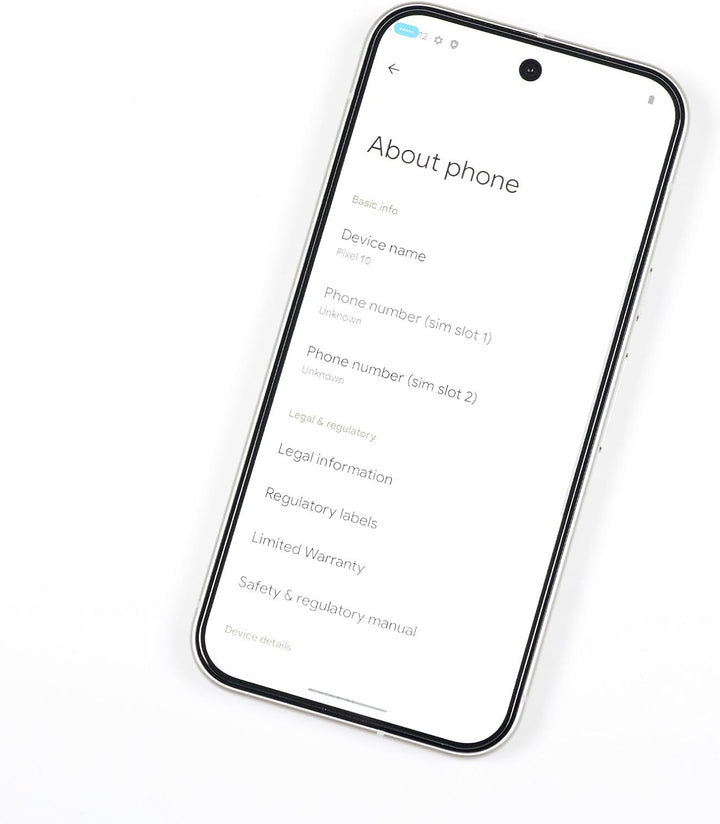 A Google Pixel 10 5G with a white frame displays device info on its screen. The MobileTechnica tempered glass screen protector and camera lens cover ensure anti-scratch, bubble-free protection, all shown on a clean white surface.