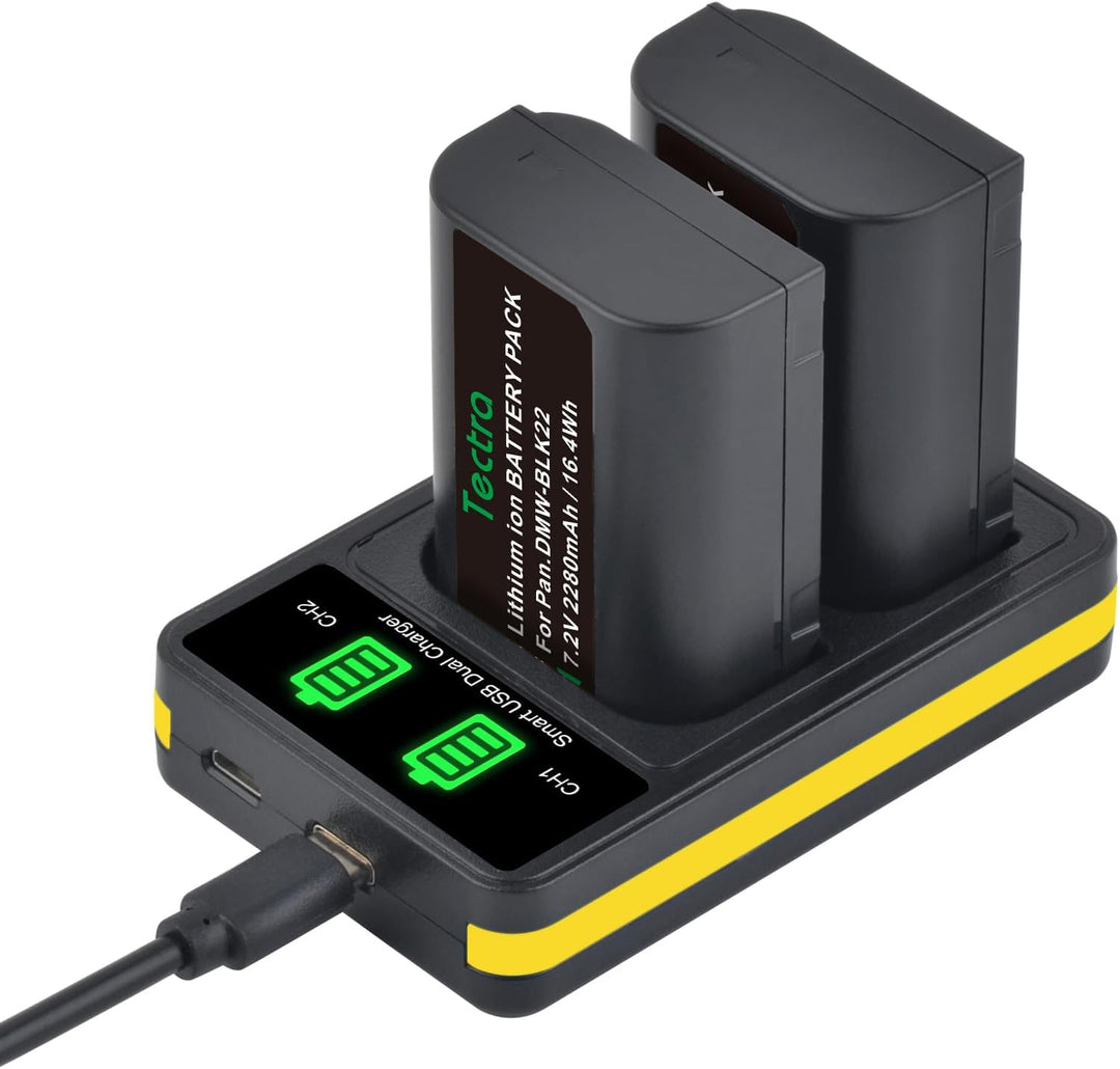 The MobileTechnica dual charger holds two DMW-BLK22 Battery Panasonic S5ii lithium-ion batteries, features yellow trim, indicator lights, and "MobileTechnica" branding—ideal replacement for Panasonic Lumix cameras.