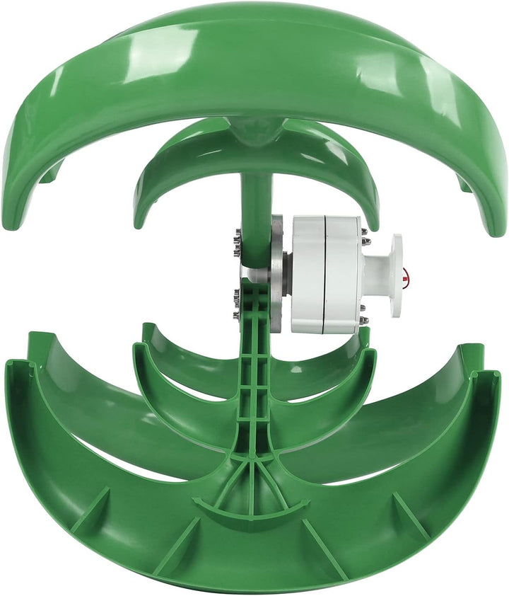The MobileTechnica 1200W Wind Turbine features a green lantern-shaped design with 4 curved blades, a 0.9-meter wheel diameter, central generator, and controller, showcasing efficient renewable energy technology on a white background.