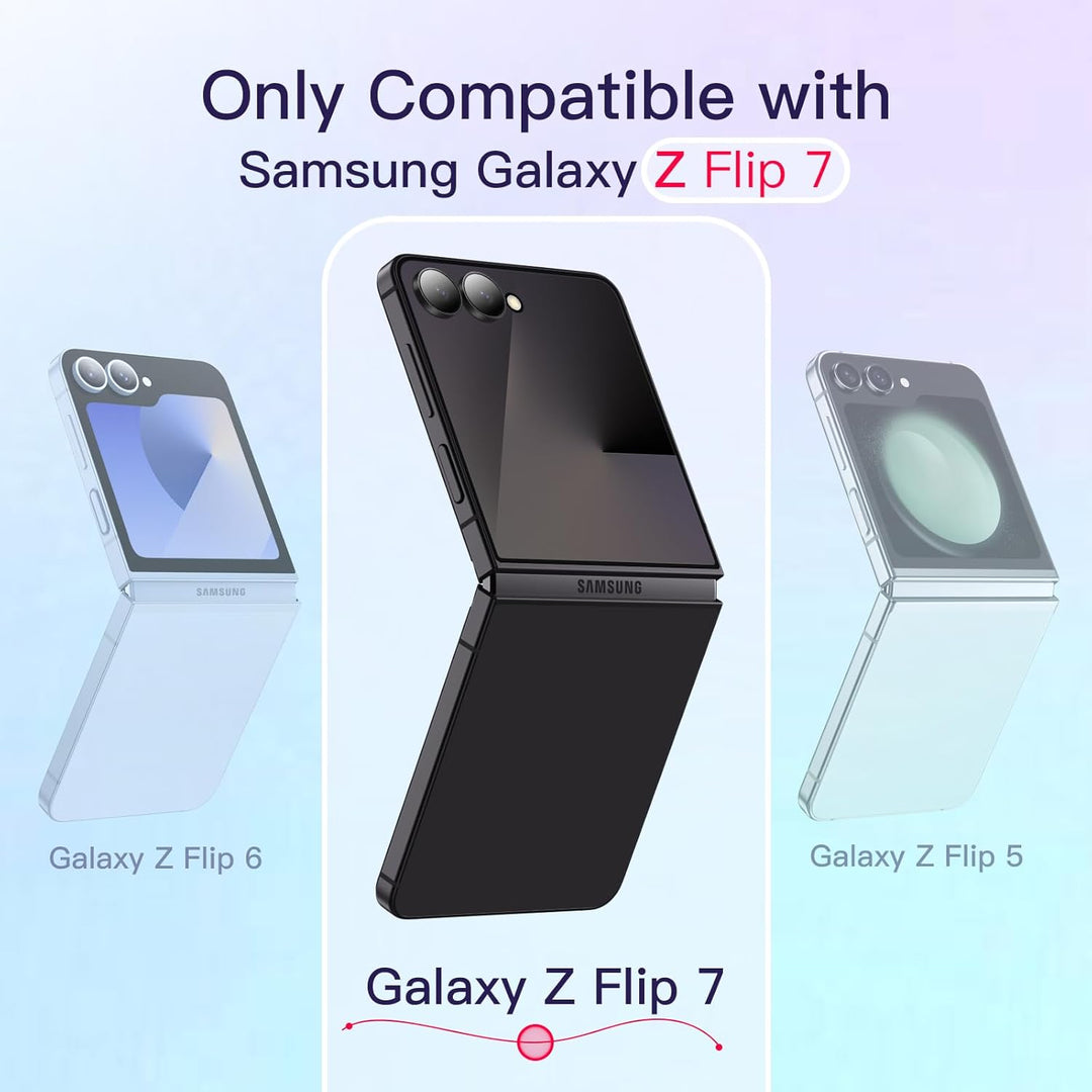 Samsung Galaxy Z Flip 7 Case with 2-Pack Tempered Glass Front Screen Protector, Crystal Clear, Anti-Scratch Transparent Hard PC Shell, Protective Phone Cover (Black)