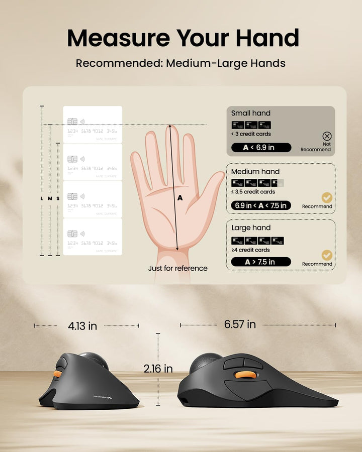 A guide to measure your hand for the MobileTechnica ProtoArc Wireless Trackball Mouse EM03: Use a credit card to estimate—small <6.9", medium 6.9"-7.5", large >7.5". Best for medium-large hands; two refurbished ergonomic trackball mice shown with specs.