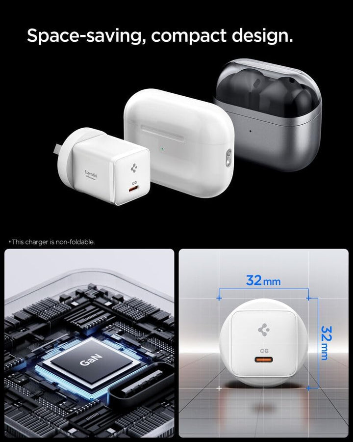 SPIGEN USB C Charger 30W GaN Pro Wall Charger for iPhone 17 16 15 14 iPad Galaxy S25 Z Fold 7 Pixel 10 Universal Power Adapter, Ultra Compact Design QC Essential Fast Charging Type C AU Plug - White