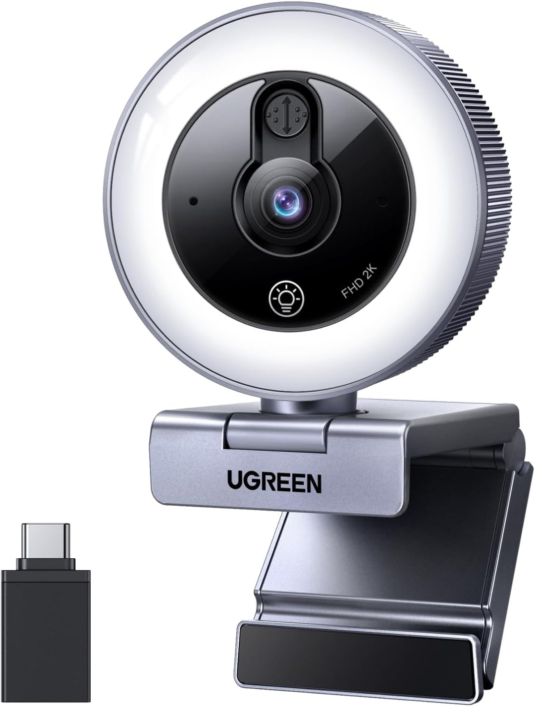 UGREEN 2K@30fps USB Webcam for PC, Adjustable Ring Light, Dual Mic for Clear Stereo Audio, Noise Cancelling, USB Web Cam Camera for Skype, Zoom Meeting, Live Streaming, Video Calling, Conferences