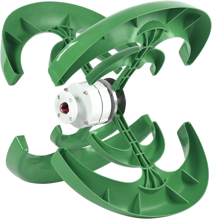 The MobileTechnica 1200W Wind Turbine is a green, lantern-shaped generator with four spiral blades and a central metallic hub featuring a white and black casing plus a red circular opening; ideal for efficient wind power generation.