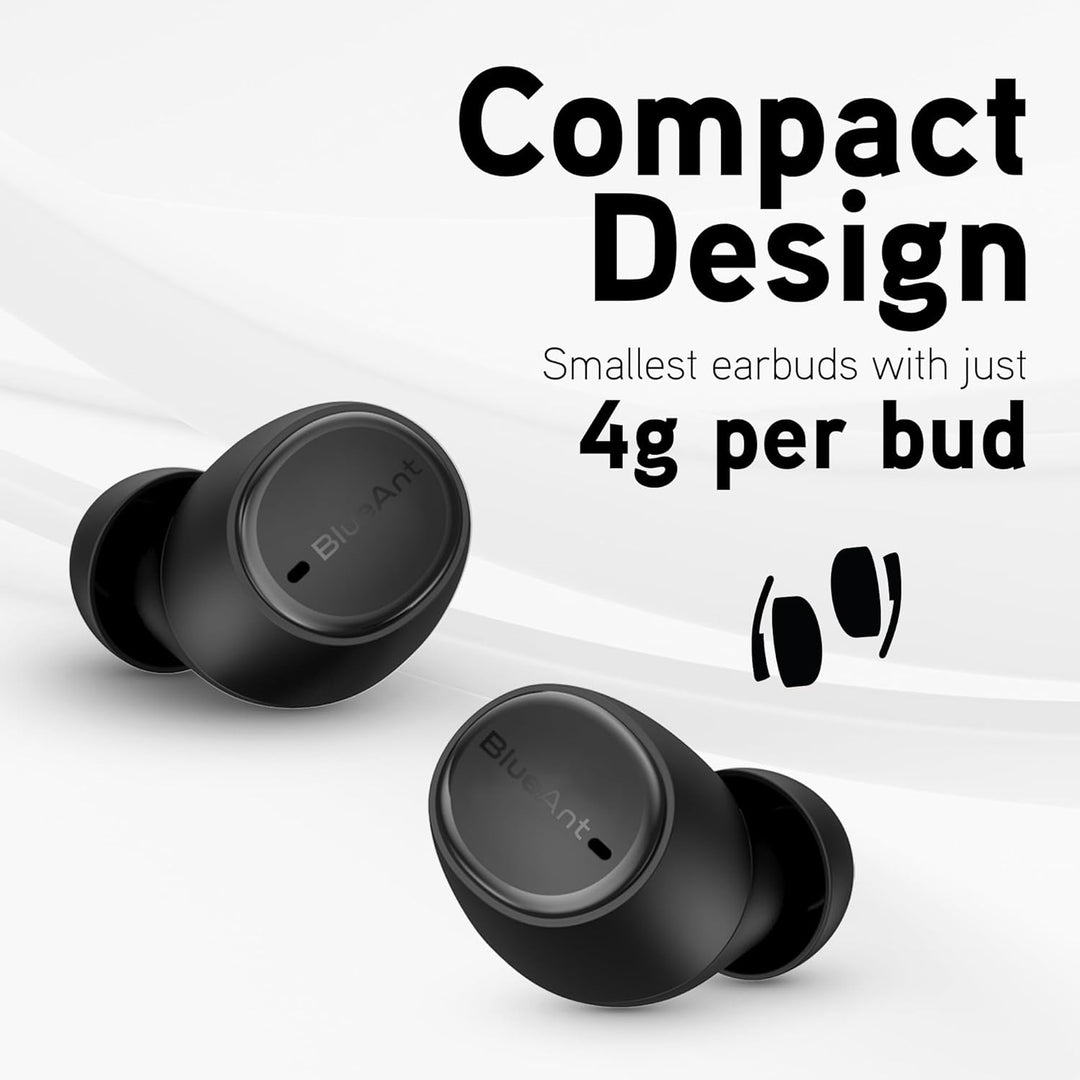 BlueAnt Pump Air Lite 2 Wireless in Ear Buds, 7mm Drivers with Big Bass, Clear Calls, IP55 Sweatproof, 26 Hours Playback, Lightweight 4g per Bud, 3 Sizes of Comfortseal Tips, Black/White (Black)