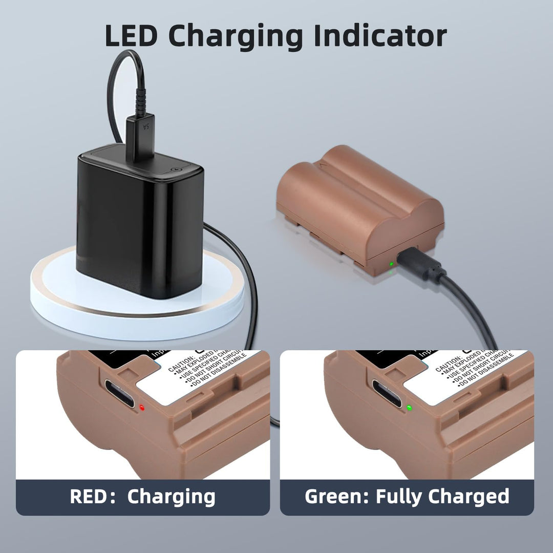 A MobileTechnica Tectra NP-W235 USB-C Fast Charging Battery for Fujifilm cameras is shown charging, with a black charger, brown battery, and cable. Insets highlight red/green LED charging indicators. "LED Charging Indicator" text displayed.