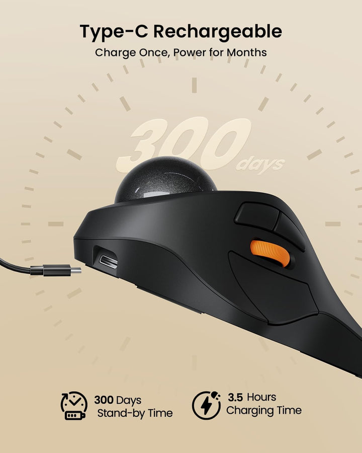 A close-up of the MobileTechnica ProtoArc EM03, a gray ergonomic wireless trackball mouse with an orange scroll wheel and USB-C charging. Text highlights, "Type-C Rechargeable—Charge Once, Power for Months," thanks to its 300-day standby time.