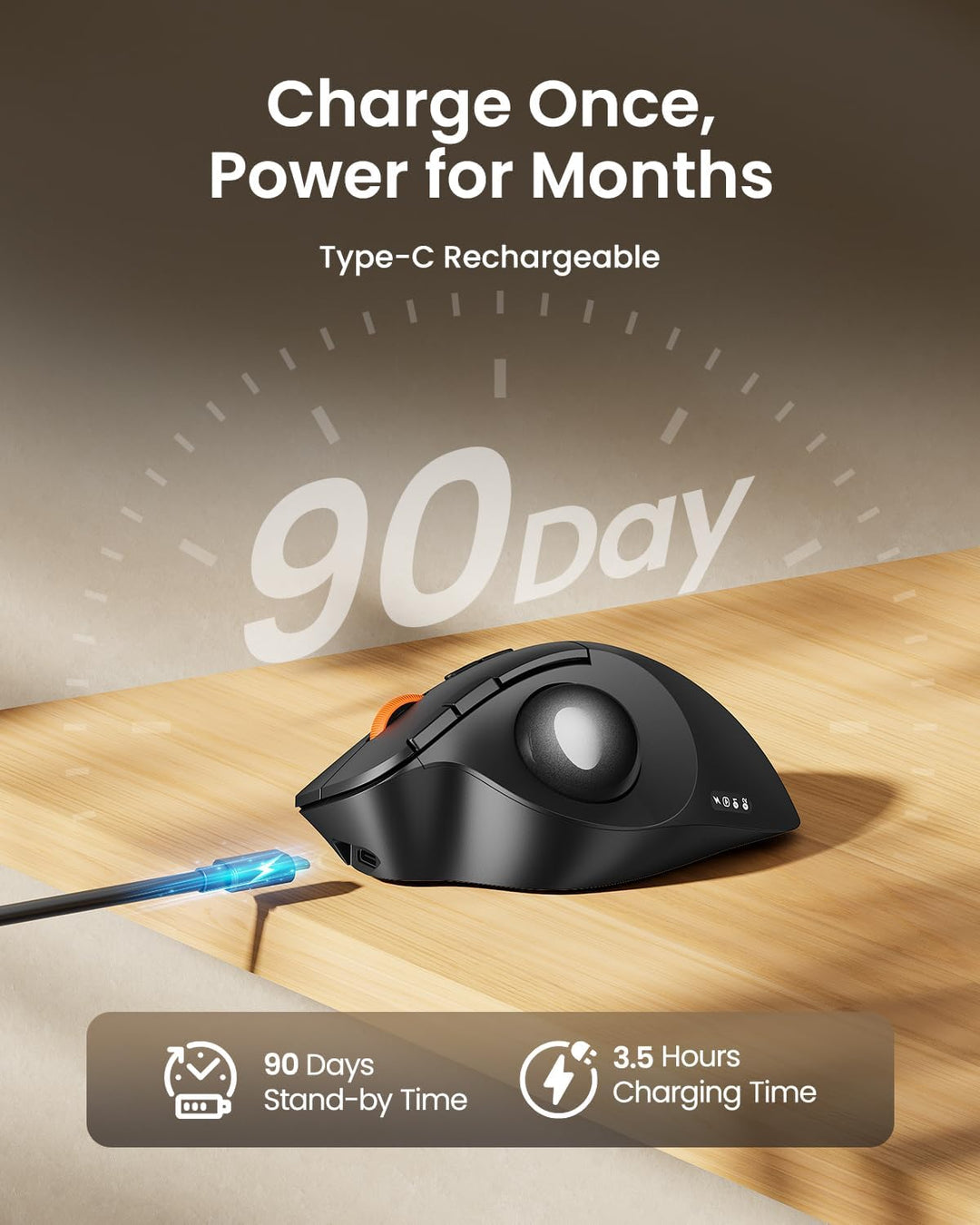 ProtoArc Wireless Trackball Mouse, EM02 Bluetooth Ergonomic Rechargeable Computer Ball Mouse, Adjustable Angle & 3 Device Connection, Thumb Control and Smooth Tracking for Laptop, PC, Mac-Gray