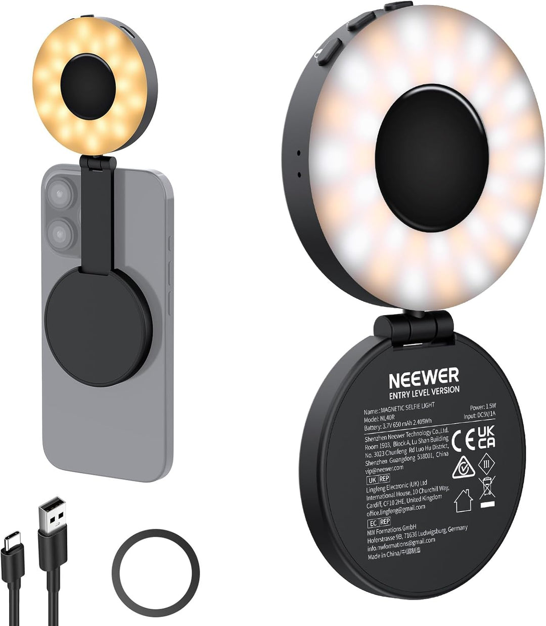 The Neewer ENTRY LEVEL Magnetic Selfie Light NL40R, compatible with MagSafe iPhones, is a compact ring LED for selfie lighting and video calls. It features 4 modes, CRI95+, includes a charging cable and accessory, and emits a soft warm glow.
