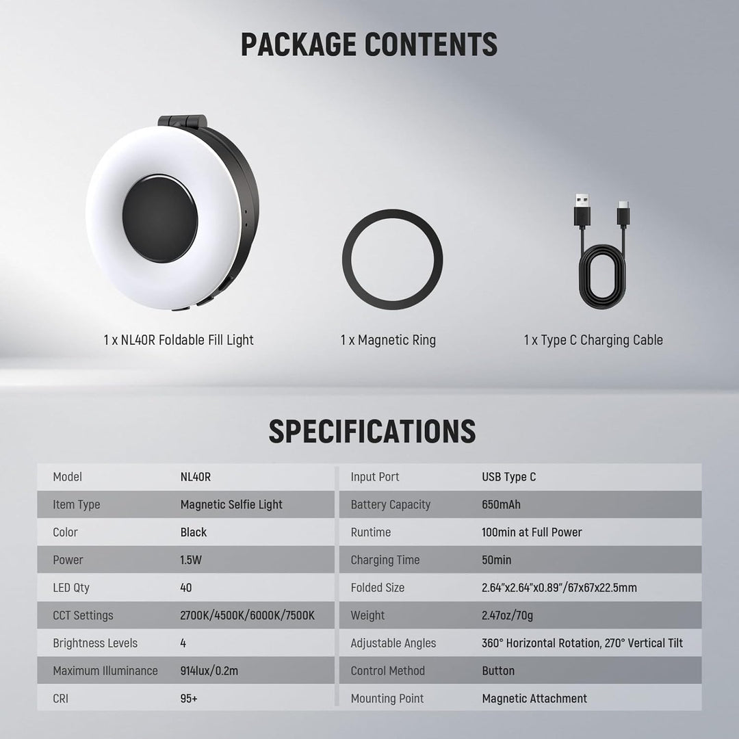 The NEEWER ENTRY LEVEL VERSION Magnetic Selfie Light (NL40R) features a folding LED ring, MagSafe compatibility, 4 modes (CRI95+, 914lx, 1.5W), USB-C cable, and detailed specs on model, power, color temperature, size, battery life, charging & mounting.