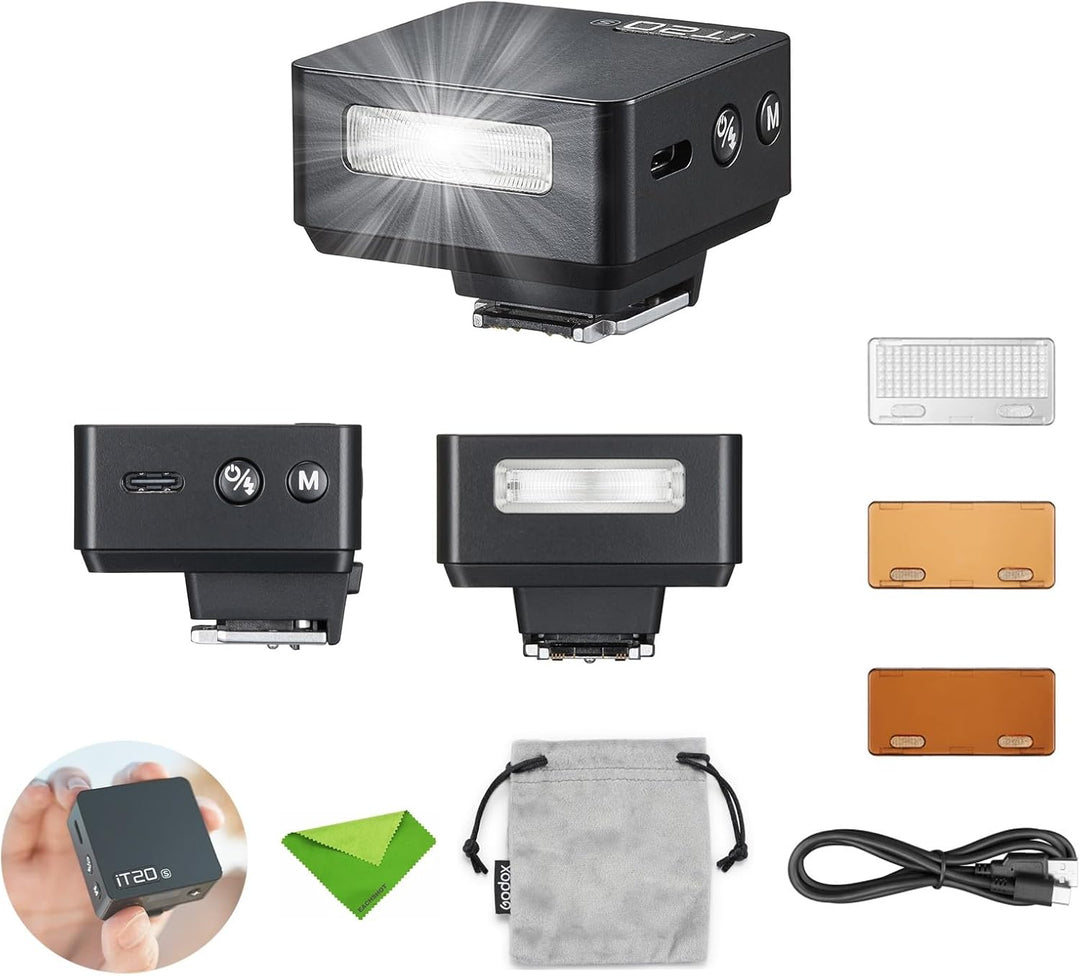 The MobileTechnica Godox iT20 F iT20-F TTL Mini Flash Speedlight for Fujifilm Fuji Cameras (Black) is shown from multiple angles with control buttons, USB-C port, color filters, diffuser, green cloth, grey pouch, USB-C cable, and hand-held inset.