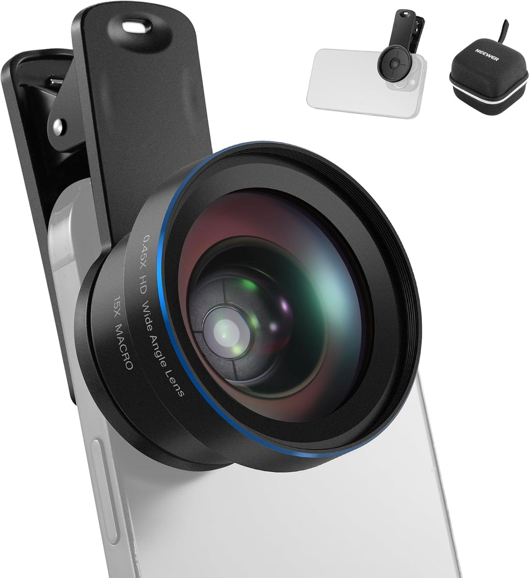A Neewer Basics 2 in 1 Phone Camera Lens Kit (HD 0.45x Wide Angle + 15x Macro, LS-67) is clipped to a smartphone, with shots of the lens on phones and its carrying case in the background. Compatible with iPhone, Samsung, Android.