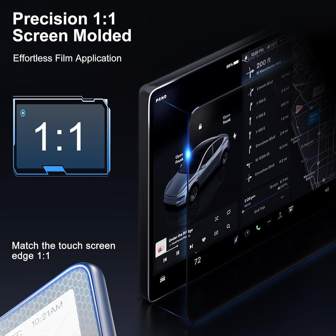 A digital promo in a carousel shows the MobileTechnica Tesla Model Y Juniper 2025-2026 Matte Tempered Glass Screen Protector (2-pack) on a dashboard display, with text: “Precision 1:1 Fit” and “Effortless Film Application” over map and car status backgrounds.