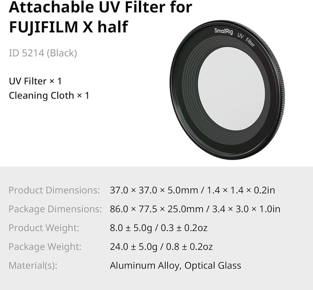 SmallRig Magnetic UV Filter for FUJIFILM X Half Camera, Optical Glass Lens, Lightweight Aluminum Frame, 99% Light Transmittance, Waterproof & Anti-Scratch Multi-Coating, Cleaning Cloth (Black) - 5214