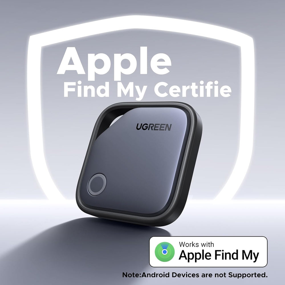 A black and gray UGREEN 2 Pack FineTrack Smart Finder is shown before a glowing shield outline. Large text reads “Apple Find My Certifie.” A badge says “Works with Apple Find My.” Note: For iOS only; not supported on Android devices.