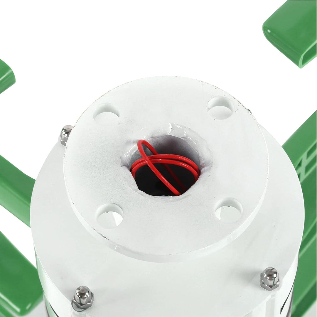 Close-up of the MobileTechnica 1200W Wind Turbine generator: white cylindrical part with a hollow center holding coiled red wires, four surrounding holes, green brackets, and silver screws at the cylinder base. Model features 4 blades and 0.9m wheel diameter (12V).