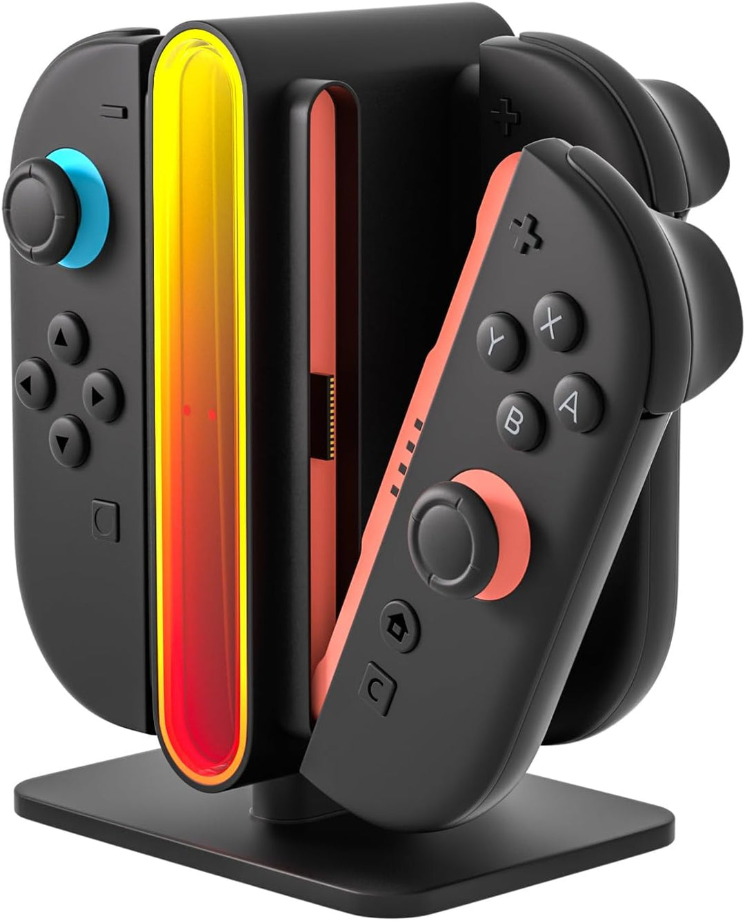 The MobileTechnica Mcbazel 4-in-1 RGB Charging Dock Station for Nintendo Switch 2 Joy Con charges four controllers with magnetic fast charging, LED indicators, colorful lighting that changes with charging status, and built-in safety protection.