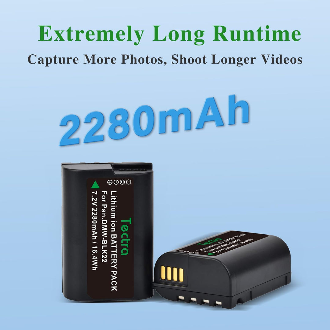 Two black MobileTechnica DMW-BLK22 batteries for Panasonic S5ii are shown on a blue background. Bold text says "Extremely Long Runtime" above and "Capture More Photos, Shoot Longer Videos" below, with "2280mAh" highlighted in blue.