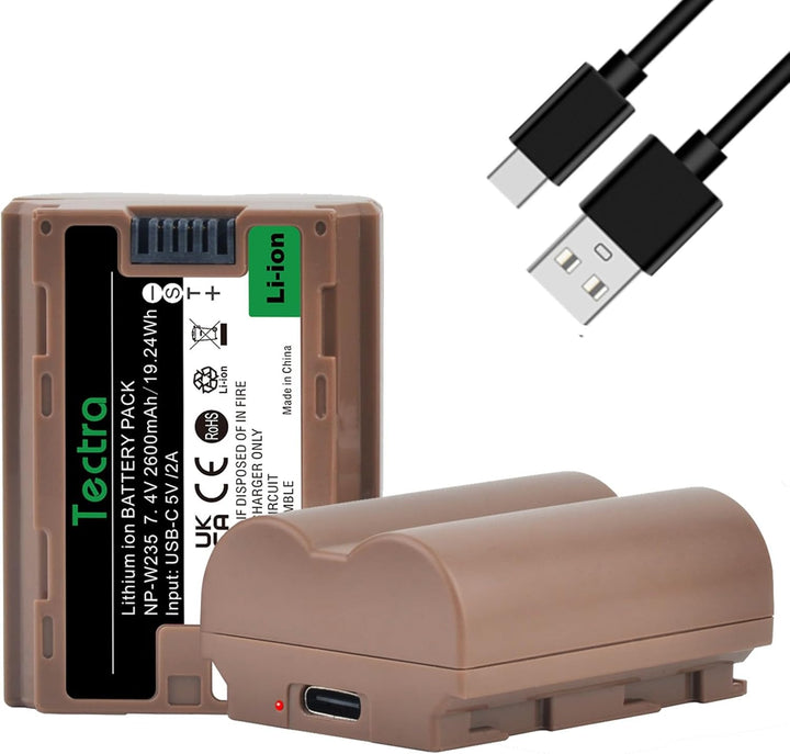 A rectangular MobileTechnica Tectra NP-W235 lithium-ion USB-C fast charging battery for Fujifilm cameras, with green/black label, is shown with a USB-C cable and a close-up of its charging port on a premium background.