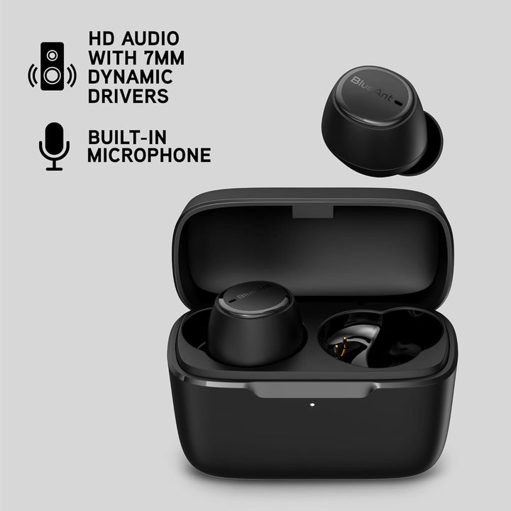 BlueAnt Pump Air Lite 2 Wireless in Ear Buds, 7mm Drivers with Big Bass, Clear Calls, IP55 Sweatproof, 26 Hours Playback, Lightweight 4g per Bud, 3 Sizes of Comfortseal Tips, Black/White (Black)