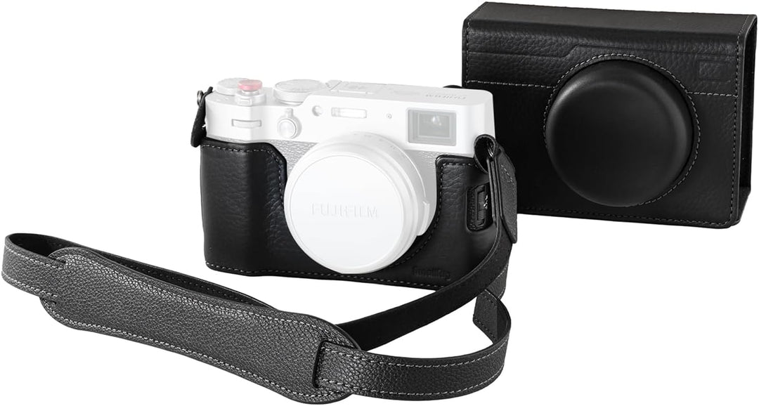The MobileTechnica SMALLRIG Leather Case Kit for FUJIFILM X100VI (black, 5622) includes a leather half case with flip cover and shoulder strap, shown fitted on a white camera beside its matching flip case cover with lens cap compartment.