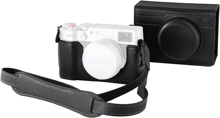 The MobileTechnica SMALLRIG Leather Case Kit for FUJIFILM X100VI (black, 5622) includes a leather half case with flip cover and shoulder strap, shown fitted on a white camera beside its matching flip case cover with lens cap compartment.