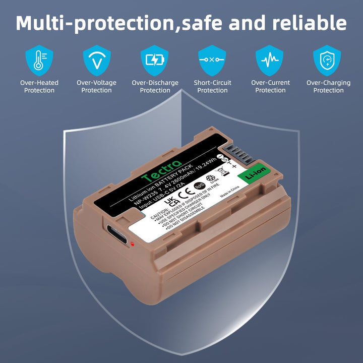 A brown MobileTechnica Tectra NP-W235 USB-C Fast Charging Battery for Fujifilm models is shown on a premium background with a blue shield. Icons above list protections, and white text says: “Multi-protection, safe and reliable.”.