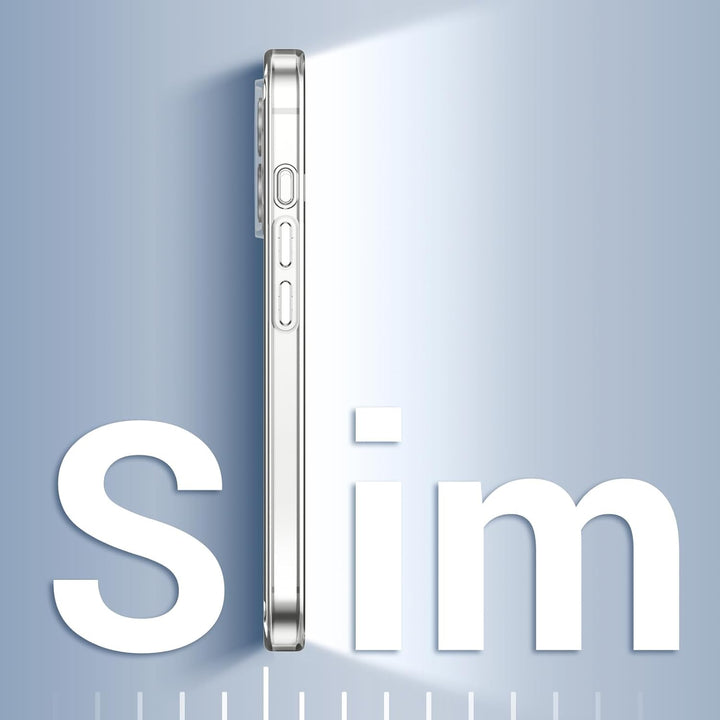 A slim iPhone 16 Clear Case Ultra Thin by MobileTechnica is shown in profile against a blue gradient, forming the “l” in "Slim" in bold white text. Light highlights its thinness, metallic edge, and MagSafe-compatible design.