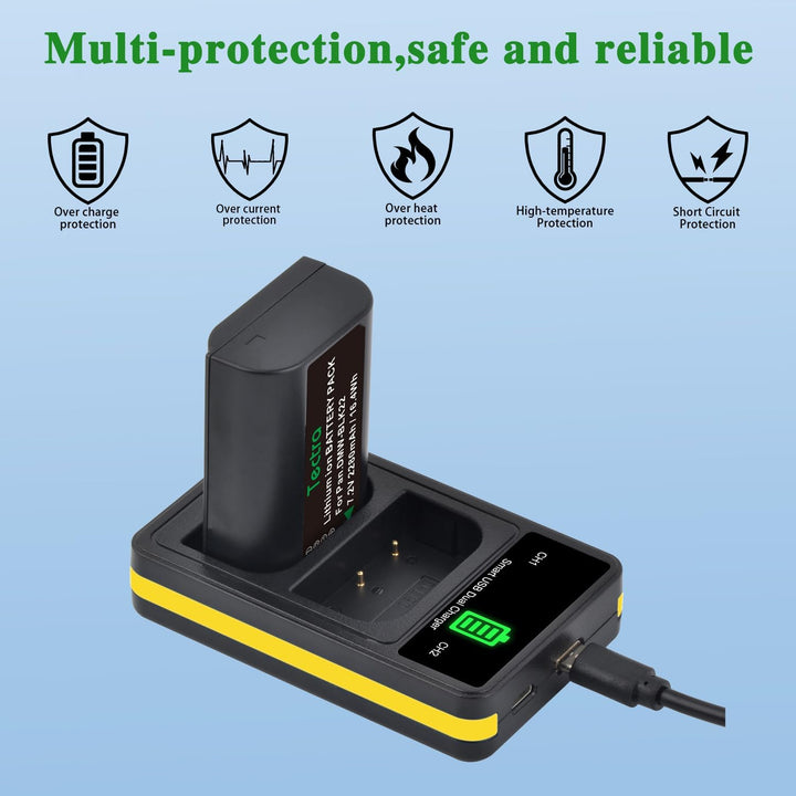 The MobileTechnica DMW-BLK22 Battery for Panasonic S5ii shows a green light when charging in the dual charger. Five icons above indicate protection against overcharge, overcurrent, overheating, high temperature, and short circuits.