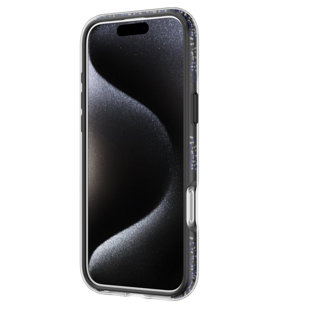 The Raptic AirJoy Beads with MagSafe for iPhone 16 Pro Max features a shiny, textured case with small reflective elements and a bead design along the edges. Displayed vertically with its screen off, the phone showcases a black and gray wavy wallpaper. A visible side button is enhanced for shock absorption.