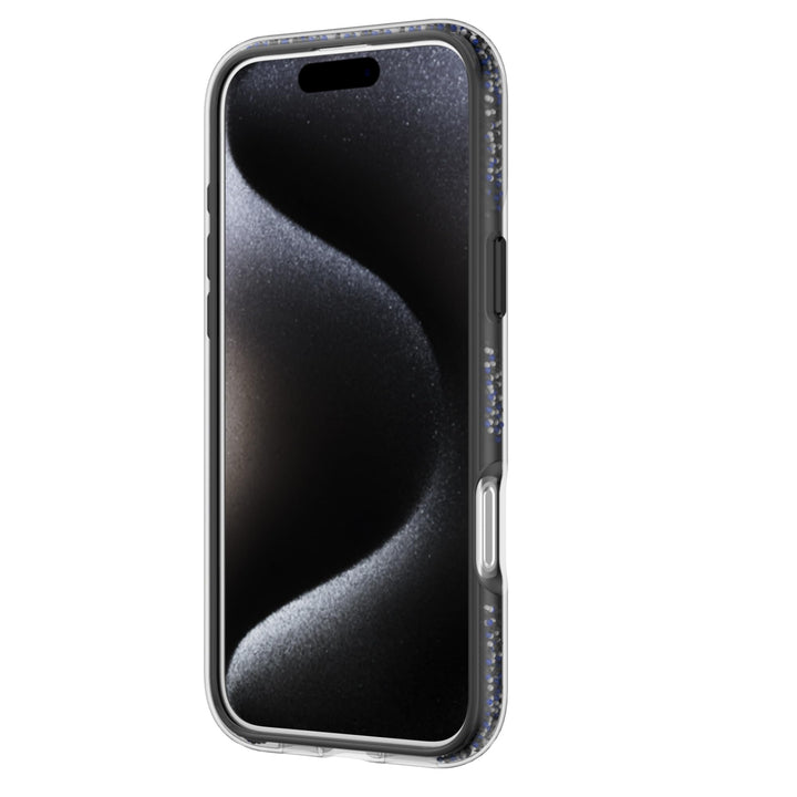 The Raptic AirJoy Beads with MagSafe for iPhone 16 Pro Max features a shiny, textured case with small reflective elements and a bead design along the edges. Displayed vertically with its screen off, the phone showcases a black and gray wavy wallpaper. A visible side button is enhanced for shock absorption.