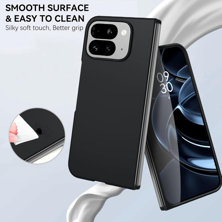 The MobileTechnica DUEDUE Case for Google Pixel 10 Pro Fold, shown in sleek black on a phone displaying 09:30, features military-grade hard PC protection and is highlighted as easy to clean against a soft white fabric background.