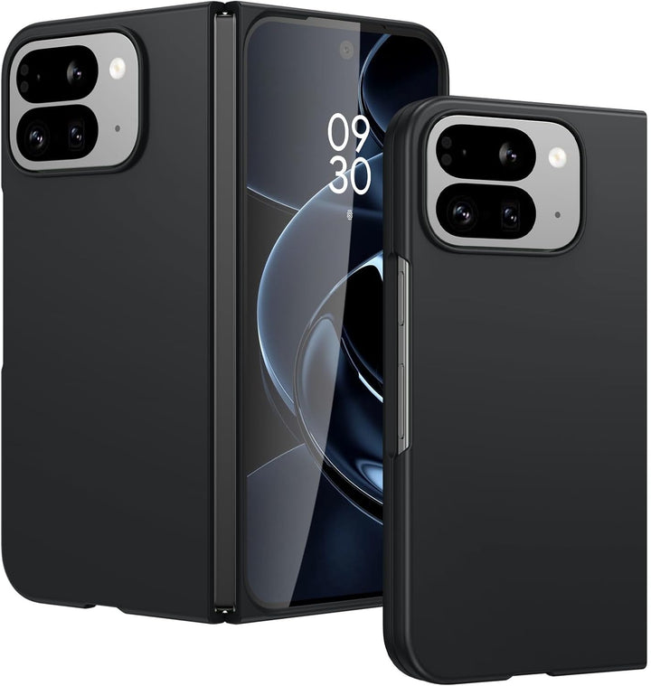 The MobileTechnica DUEDUE Case for Google Pixel 10 Pro Fold, shown in black, is displayed open with the screen at "09:30" and closed to highlight its dual rear camera cutouts and slim, military-grade protective design against a white backdrop.