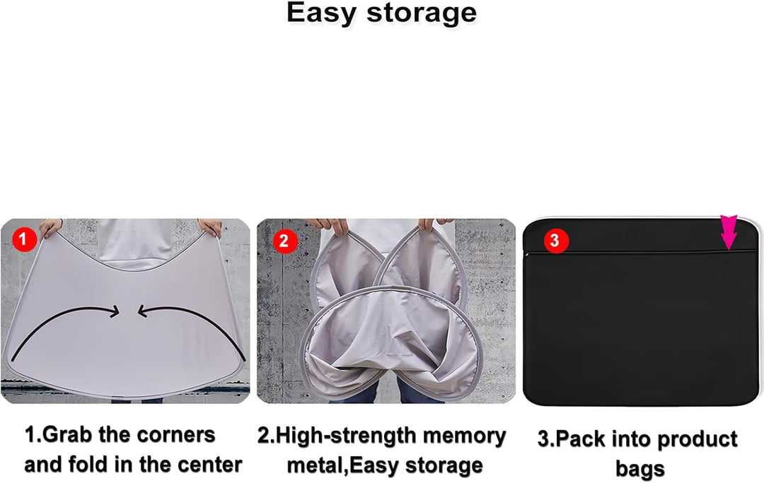 Three-step guide for folding and storing the MobileTechnica Tesla Model Y Sunshade Roof Cover (2025-2026, 2PCS): 1. Fold corners; 2. Twist into loops; 3. Place compact cover into black bag. Text appears under each step’s image.