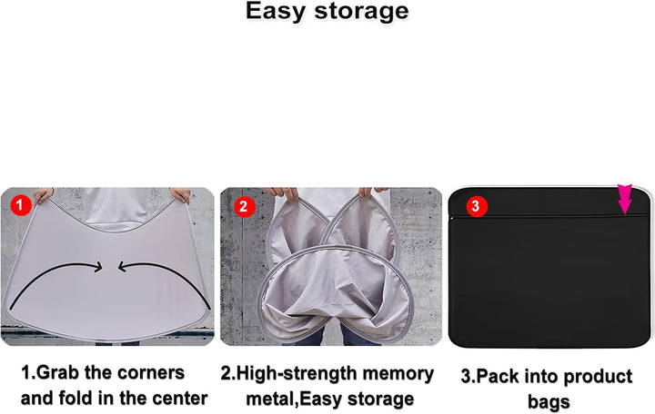 Three-step guide for folding and storing the MobileTechnica Tesla Model Y Sunshade Roof Cover (2025-2026, 2PCS): 1. Fold corners; 2. Twist into loops; 3. Place compact cover into black bag. Text appears under each step’s image.