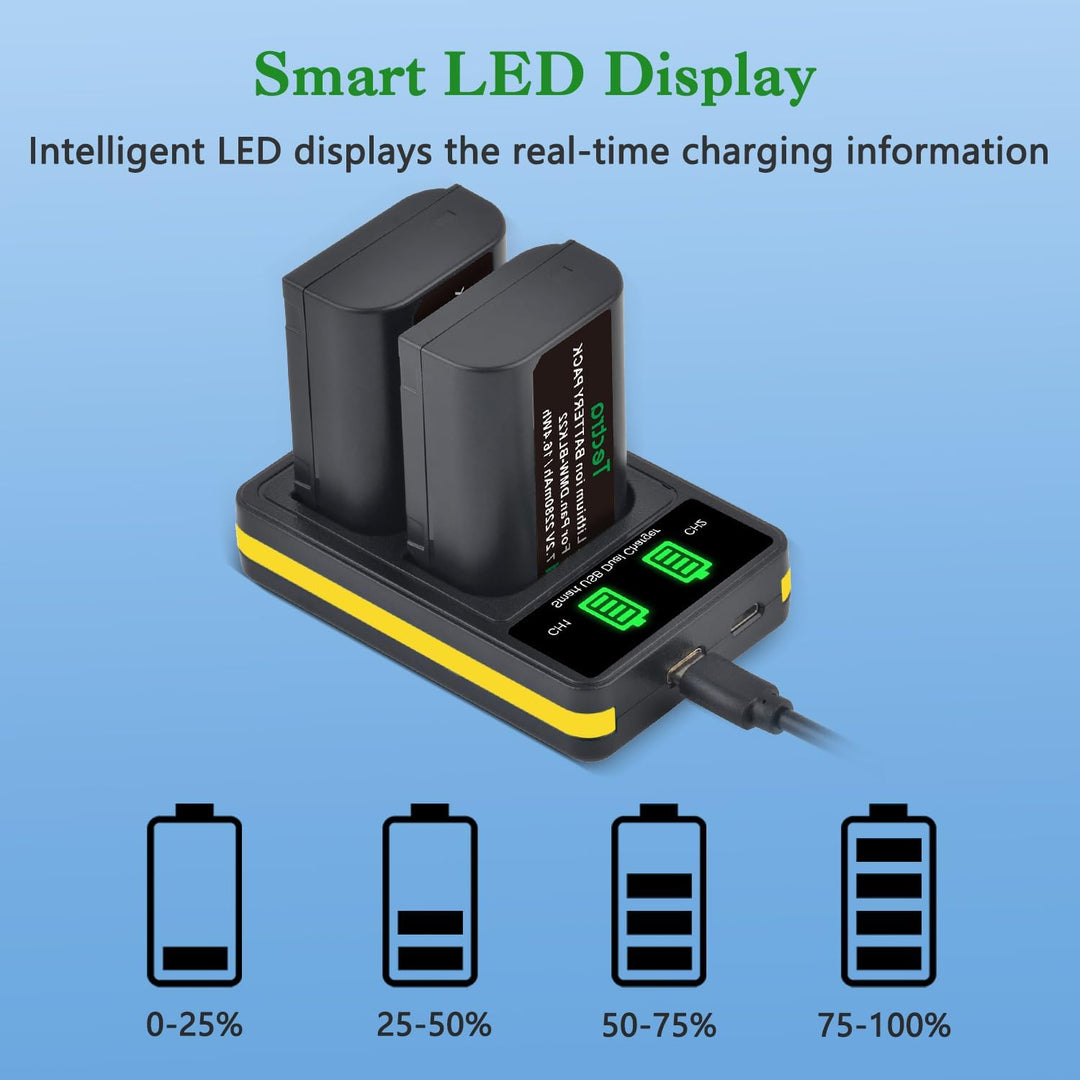 The MobileTechnica DMW-BLK22 Battery Panasonic S5ii dual charger shows real-time charging info on a smart LED screen, with four battery level icons—ideal for Panasonic Lumix users needing reliable replacement batteries.