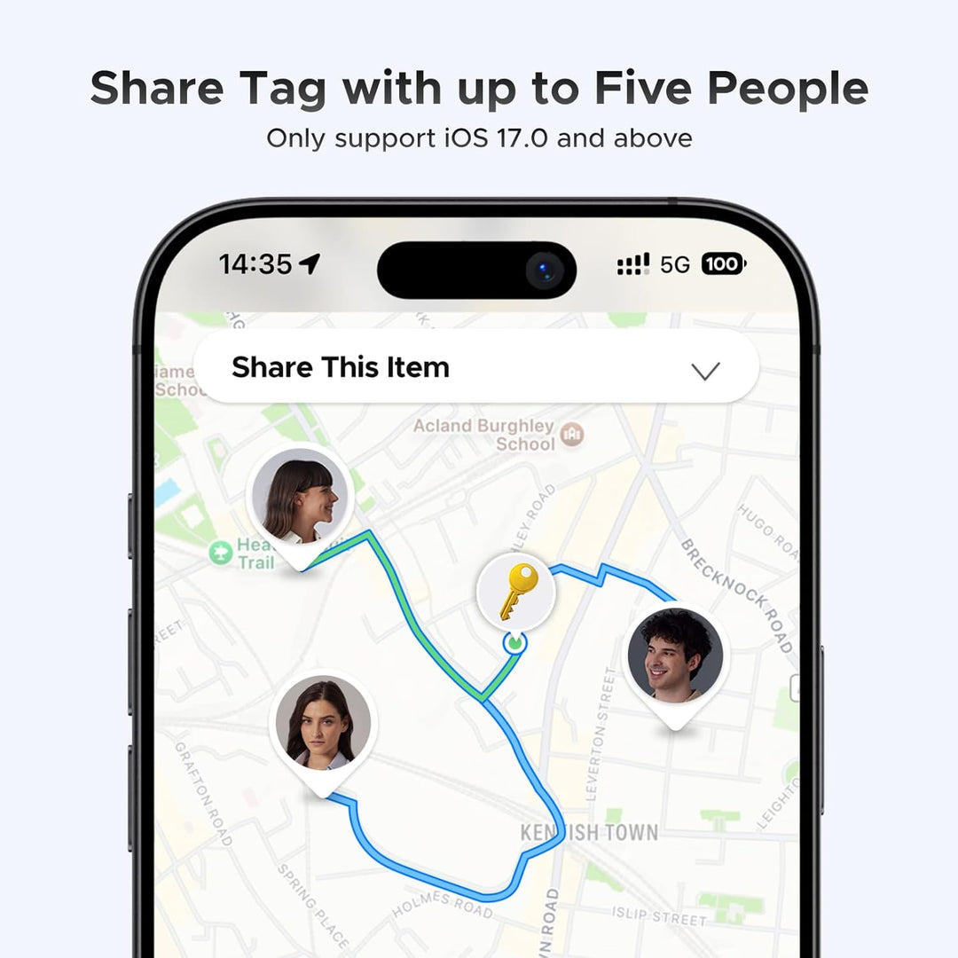 A smartphone displays a map with a blue route and profile photos linked, highlighting the UGREEN 2 Pack FineTrack Smart Finder. Text: "Share Tag with up to Five People. Only supports iOS 17.0+." The "Share This Item" button appears on screen.