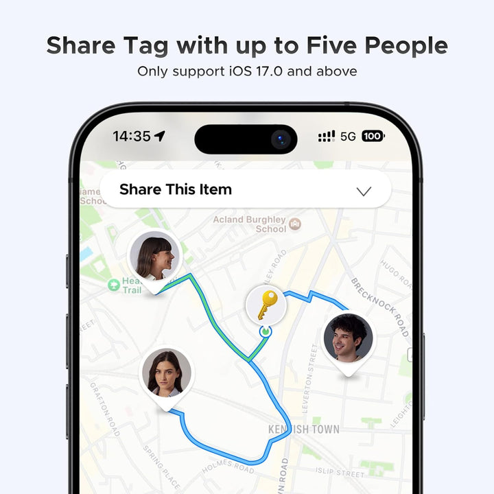 A smartphone displays a map with a blue route and profile photos linked, highlighting the UGREEN 2 Pack FineTrack Smart Finder. Text: "Share Tag with up to Five People. Only supports iOS 17.0+." The "Share This Item" button appears on screen.