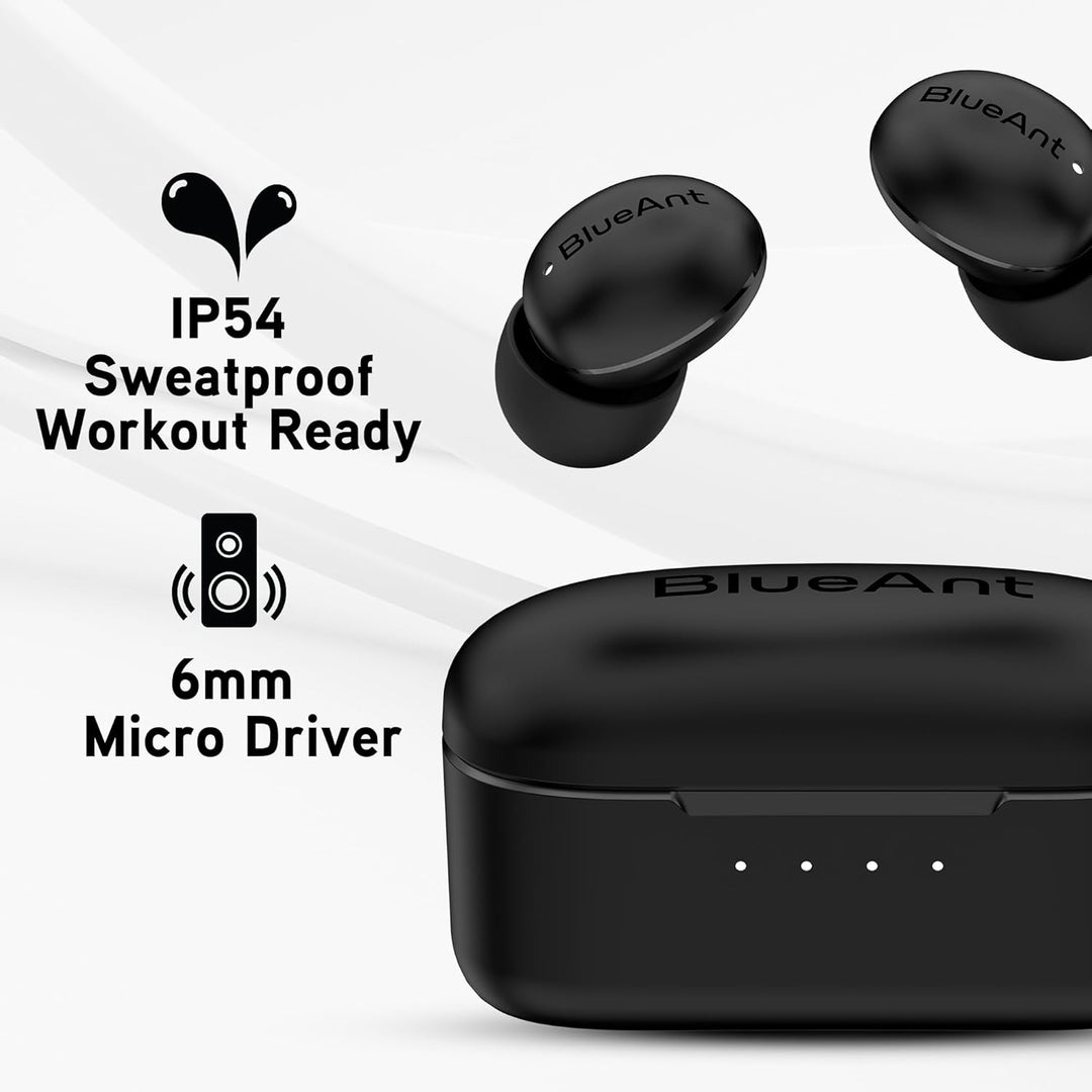 BlueAnt Pump Air Micro True Wireless in Ear Buds, Lightweight 4g Design, Compact Charging Case, Powerful Sound, IP54 Sweatproof/Splashproof, All-Day Battery Life, 6mm Driver, 30hrs Playtime, Black