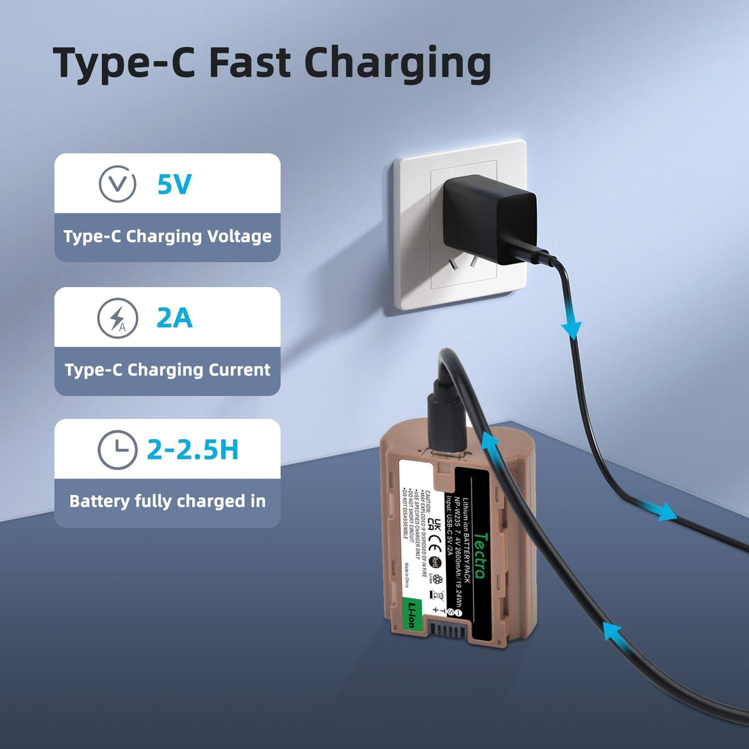 A MobileTechnica Tectra NP-W235 USB-C fast charging battery for Fujifilm cameras charges via Type-C and reaches full power in 2.5 hours at 5V/2A, as shown by arrows on a minimal white background. Compatible with X-T5, X-T4, X-H2S, and more.