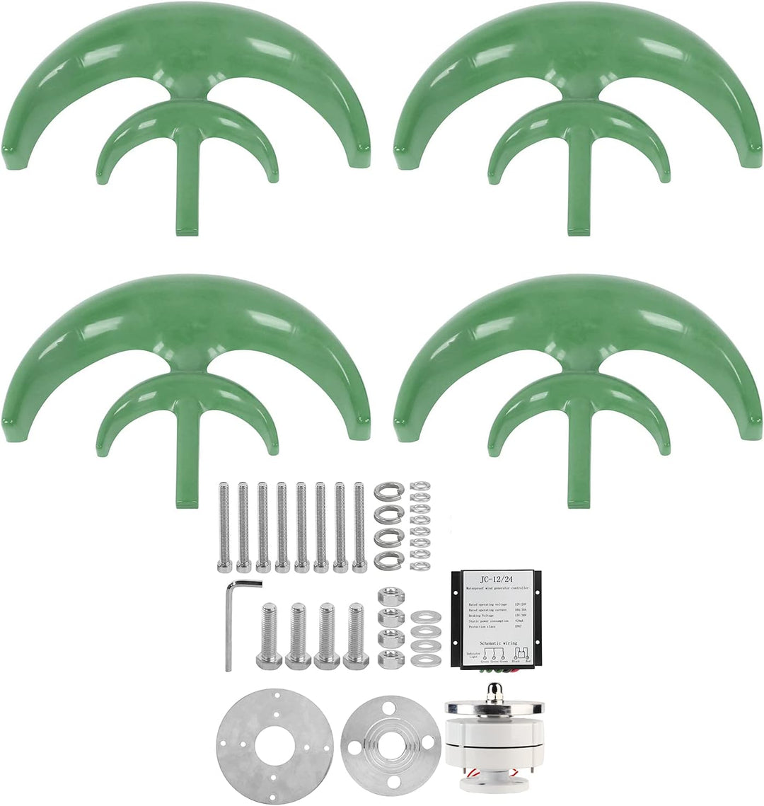 The image shows the MobileTechnica 1200W Wind Turbine with four green blades, controller, mounting hardware, and accessories. This Lantern-shaped 12V generator has a 0.9 meter wheel diameter and includes bolts, electronic components and tools.