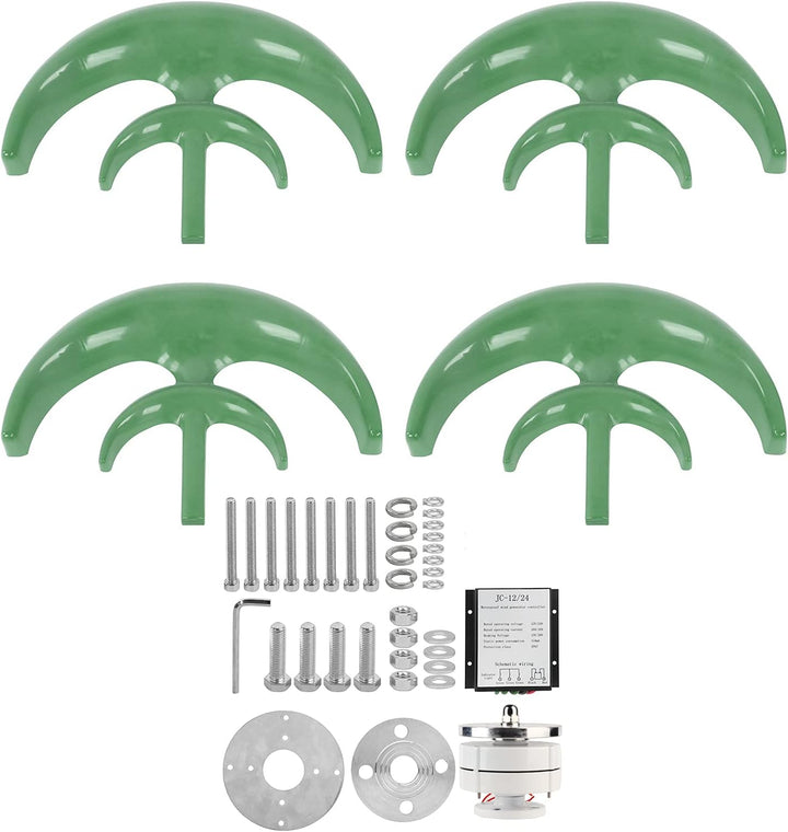 The image shows the MobileTechnica 1200W Wind Turbine with four green blades, controller, mounting hardware, and accessories. This Lantern-shaped 12V generator has a 0.9 meter wheel diameter and includes bolts, electronic components and tools.