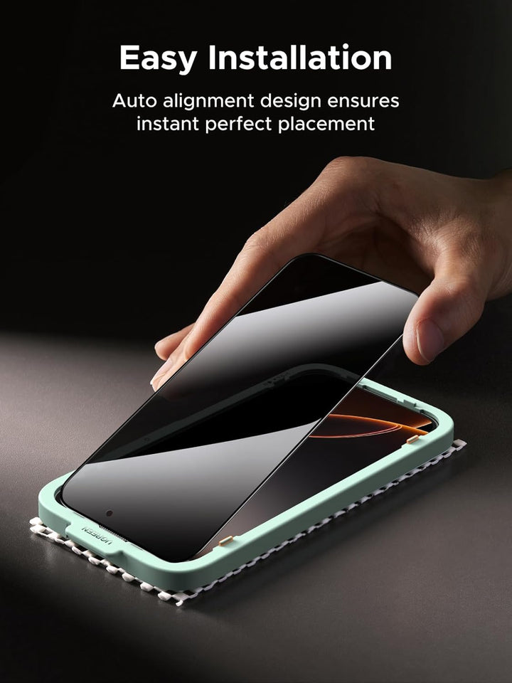 A hand places an iPhone 17 Pro Max into the mint green MobileTechnica alignment tray for the UGREEN Privacy Screen Protector. The easy installation tool ensures instant, precise placement—no expertise required.
