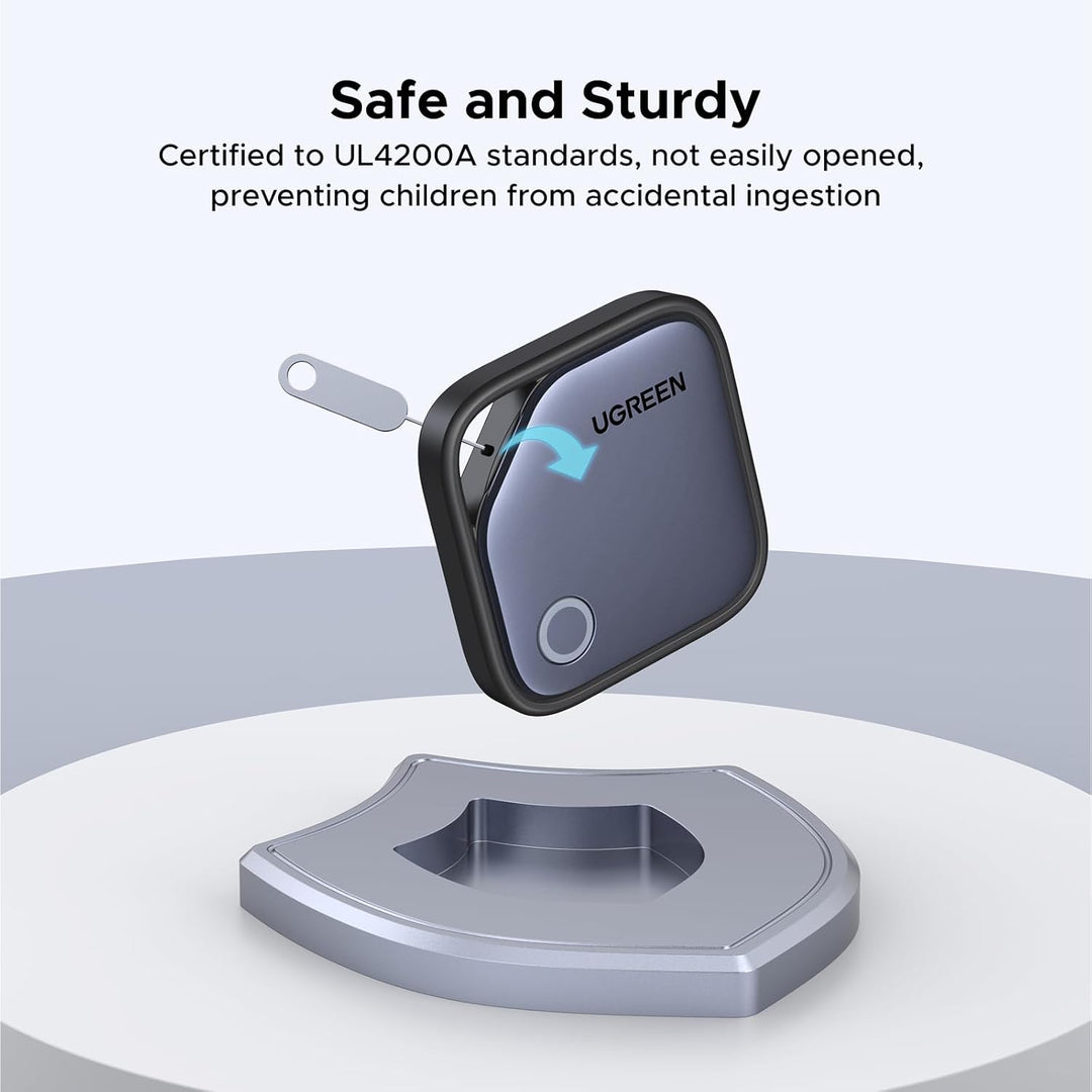 The UGREEN 2 Pack FineTrack Smart Finder, a square Bluetooth tracker with rounded edges, snaps securely into place for safety and is UL4200A certified to help prevent accidental ingestion by children. Compatible with Apple Find My (iOS only).