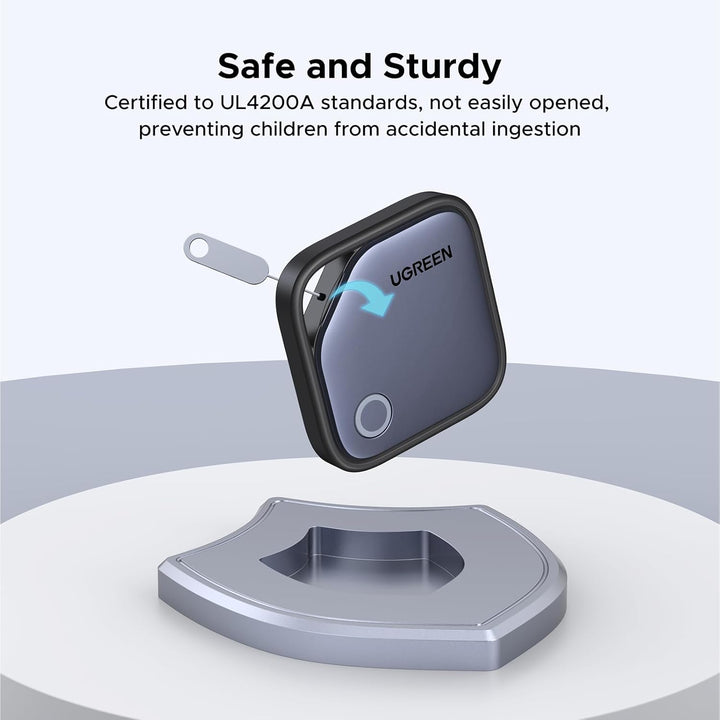 The UGREEN 2 Pack FineTrack Smart Finder, a square Bluetooth tracker with rounded edges, snaps securely into place for safety and is UL4200A certified to help prevent accidental ingestion by children. Compatible with Apple Find My (iOS only).